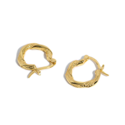 Polished and Textured Twisted Irregular Gold Plated  Sterling silver Hoop Earrings